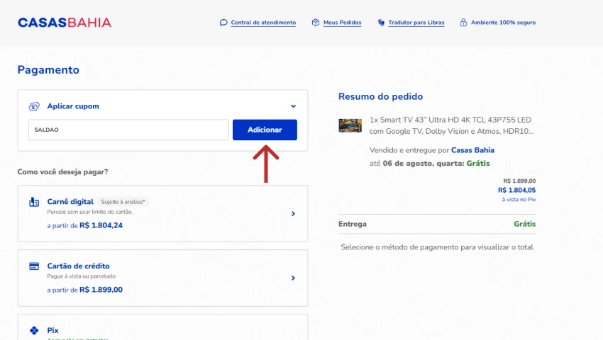 Tela de pagamento da Casas Bahia com o campo "Aplicar cupom" preenchido e botão azul "Adicionar" destacado.