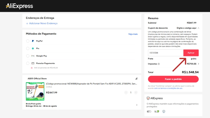 Checkout do AliExpress com cupom promocional inserido e botão “Aplicar” destacado antes de concluir o pedido.