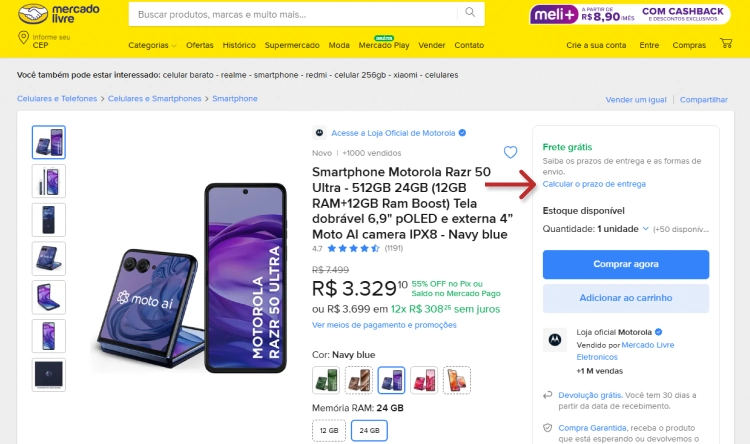 Descrição de um smartphone com destaque para o botão de calcular o prazo de entrega.
