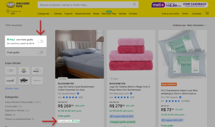 Tela de busca do Mercado Livre com filtro para produtos com entrega Full e frete grátis, destacando o selo “Enviado pelo Full”.