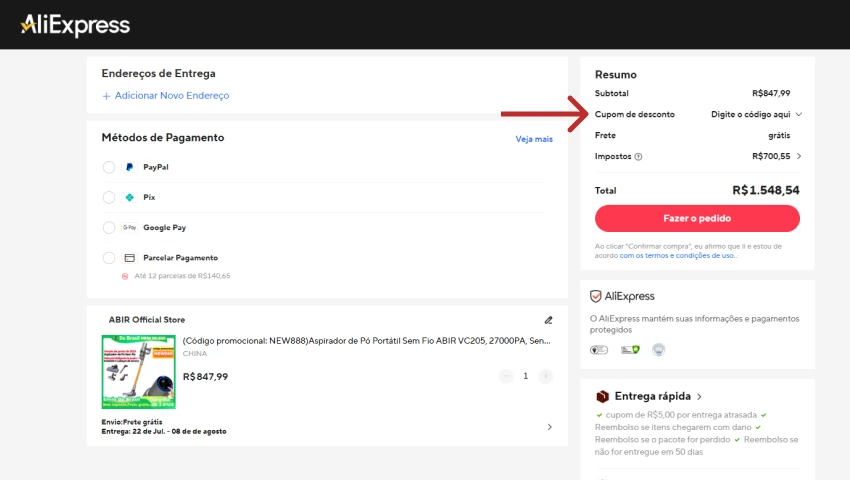 Tela de checkout do AliExpress exibindo opções de pagamento e o campo para inserir cupom de desconto antes de finalizar a compra.