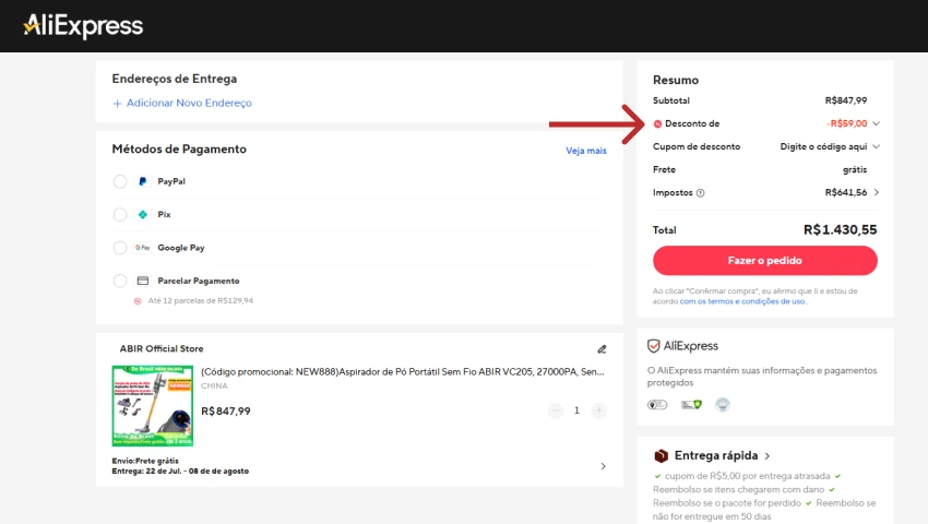 Tela de checkout do AliExpress após aplicar um cupom de desconto de R$59, mostrando o valor reduzido no resumo da compra.