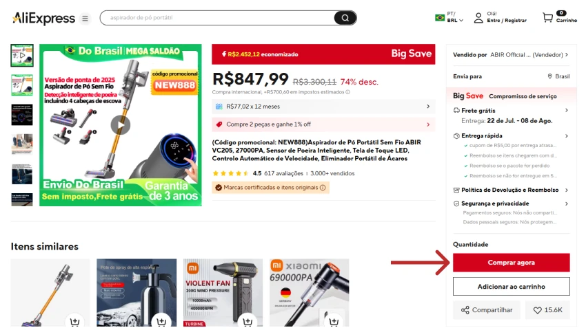 Página de produto no AliExpress destacando aspirador de pó portátil em promoção, com botão “Comprar agora” em destaque.