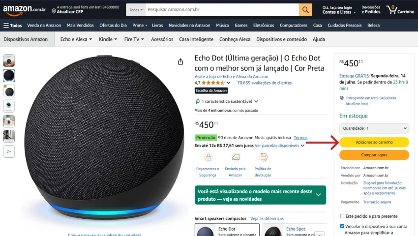 Página de produto da Amazon Brasil exibindo a Echo Dot de última geração na cor preta, com preço, opção de parcelamento e botão amarelo para adicionar ao carrinho.