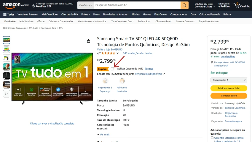 Página de produto na Amazon Brasil com Smart TV Samsung QLED 50” por R$2.799,00, destacando opção para aplicar cupom de 10% de desconto antes de adicionar ao carrinho.