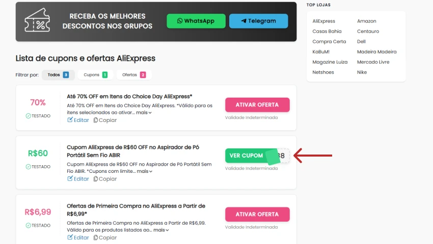 Lista de cupons do AliExpress em site parceiro, com destaque para cupom de R$60 OFF no aspirador de pó portátil.