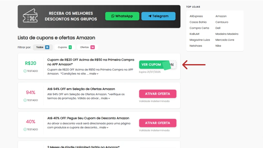Lista de cupons e ofertas da Amazon no site DescontosTop, com destaque para botão verde “Ver Cupom” em promoção de R$20 OFF para compras acima de R$50 no app.