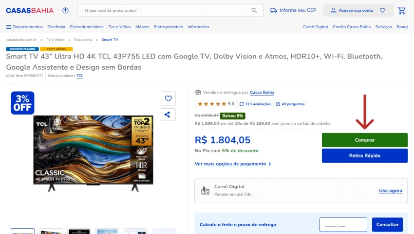 Página de produto da Smart TV TCL 43” na Casas Bahia, com botão "Comprar" em destaque e preço com 5% de desconto no Pix.