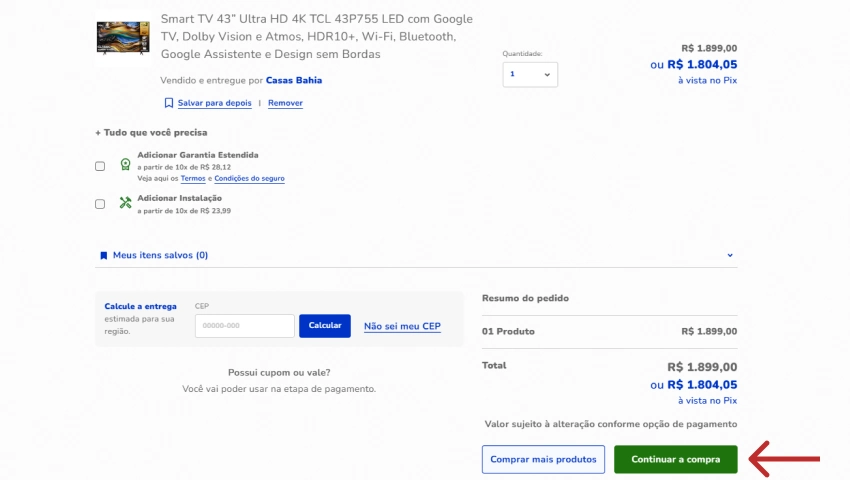 Página do carrinho da Casas Bahia exibindo uma Smart TV de 43" com opções de garantia e instalação, cálculo de frete e botão verde "Continuar a compra" destacado.