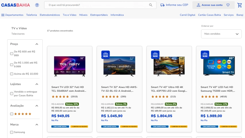 Página de listagem de TVs na Casas Bahia com produtos de diversas marcas e preços, incluindo etiquetas promocionais como “Baixou 8%” e destaque para o modelo de 43”.