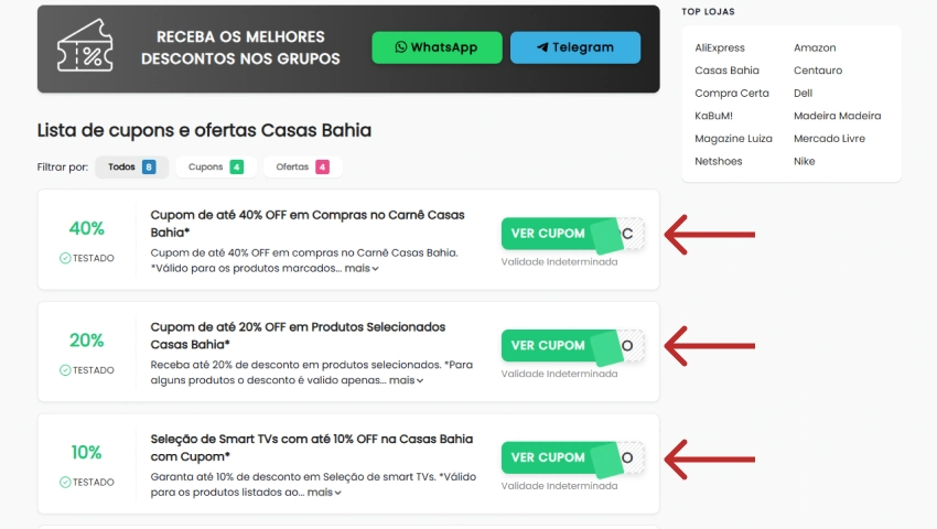 Lista de cupons disponíveis no site DescontosTop com três cupons da Casas Bahia e setas indicando os botões "Ver cupom".