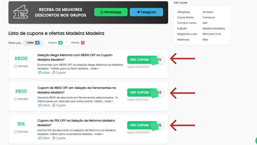 Lista de cupons de desconto da Madeira Madeira no Descontos Top. Três cupons estão destacados com os botões “Ver cupom”, e valores de desconto como R$100, R$50 e 15% aparecem ao lado.