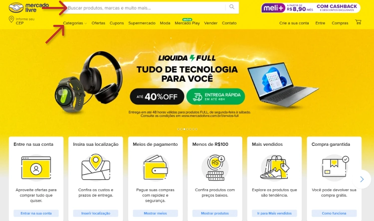 Interface inicial do site preenchida com categorias de produtos, anúncios de ofertas e um campo de busca na parte superior.