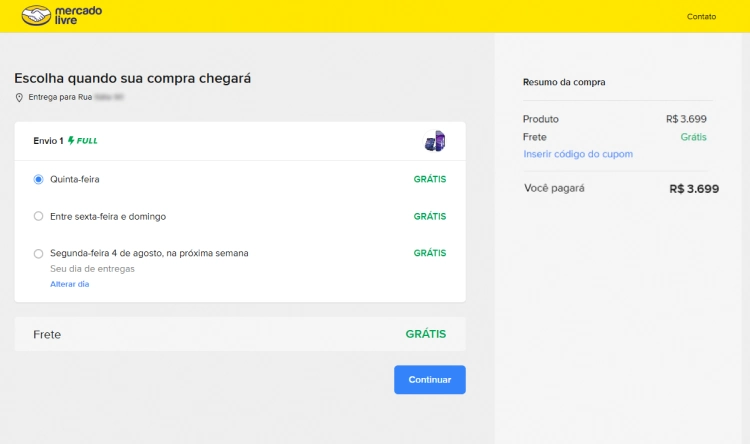 Tela que permite ao usuário escolher a data de entrega de um produto, mostrando as opções disponíveis e o custo do frete.