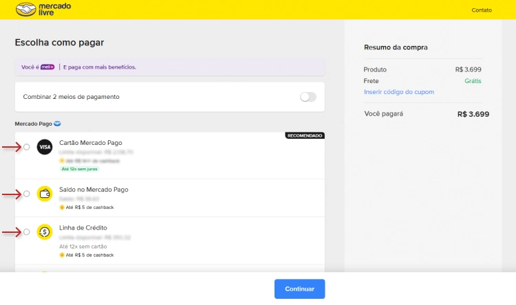 Tela que apresenta alternativas de pagamento, incluindo "Cartão Mercado Pago" e "Saldo no Mercado Pago", com um resumo do valor total da compra.