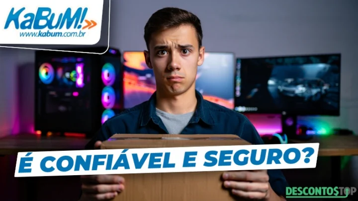 Banner promocional com o logotipo do KaBuM! no canto superior esquerdo e a frase “É confiável e seguro?” em destaque. Ao centro, um homem com expressão de dúvida segura uma caixa de encomenda, com um computador gamer iluminado ao fundo.