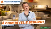 Homem com expressão pensativa em loja de móveis, com texto em destaque que questiona se a MadeiraMadeira é confiável e segura. Acima, aparece o logo da loja e o aviso “Veja antes de comprar”.