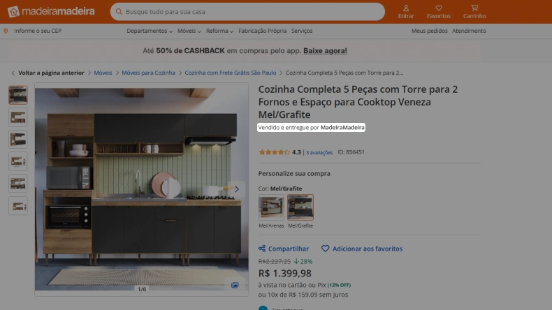 Uma cozinha completa à venda no site da Madeira Madeira com destaque para o nome do vendedor.