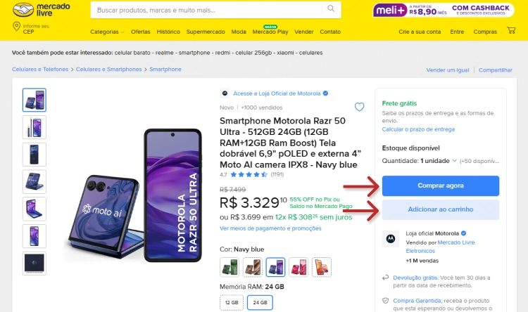 Página de detalhes de um smartphone Motorola, apresentando preço, opções de compra, e botões de "Comprar agora" ou "Adicionar ao carrinho".