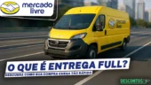 Van amarela do Mercado Livre em movimento em uma estrada urbana, com o texto “O que é entrega Full? Descubra como sua compra chega tão rápido”.