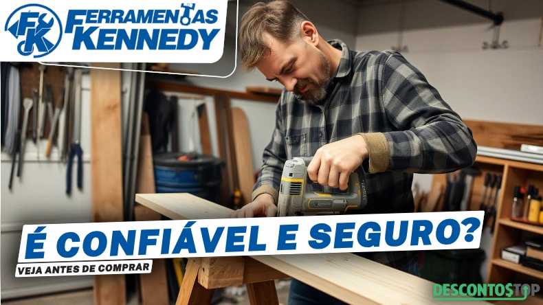Homem operando uma serra elétrica em uma bancada de madeira dentro de uma oficina, com destaque para a marca Ferramentas Kennedy e o texto "É confiável e seguro? Veja antes de comprar".