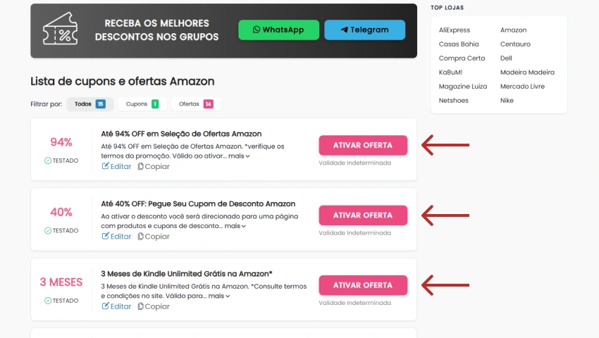 Página de cupons do site DescontosTop, exibindo ofertas de até 94% de desconto e promoções de Kindle Unlimited grátis na Amazon, com botões rosa “Ativar Oferta”.