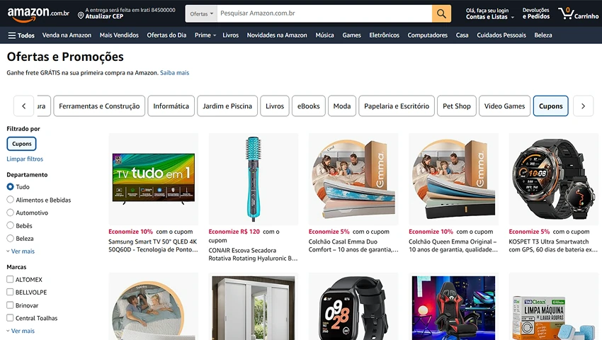 Página de ofertas e promoções da Amazon Brasil, filtrada por cupons, exibindo produtos com descontos e selos de economia, como Smart TVs, relógios e itens de beleza.