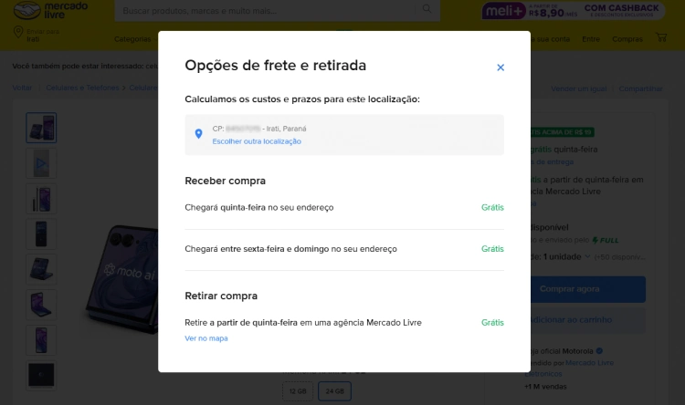 Janela exibindo as diferentes opções de entrega e retirada do produto, com prazos e custos claramente especificados.