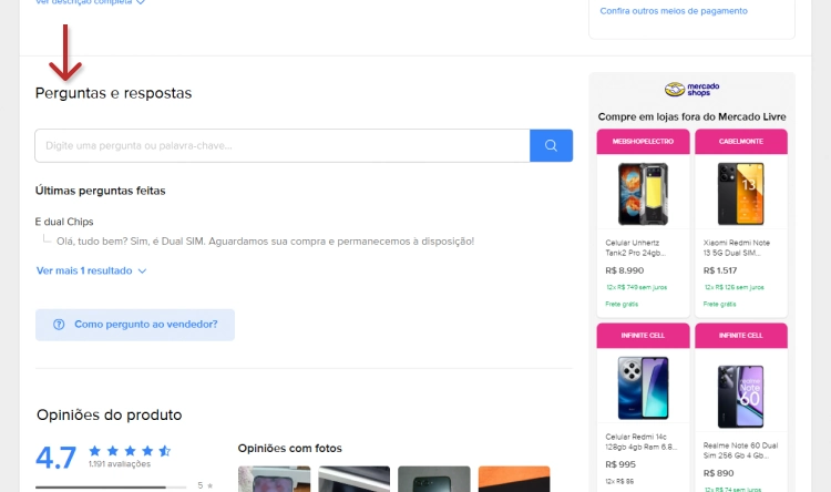 Seção onde usuários podem visualizar perguntas frequentes relacionadas ao produto e enviar novas consultas.