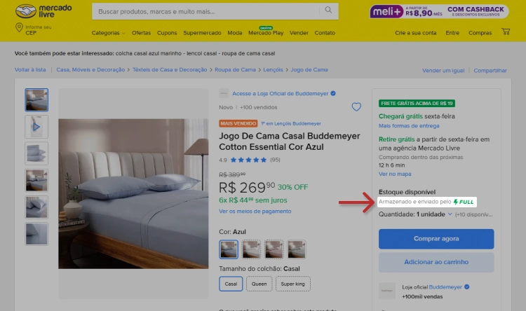 Página de produto no Mercado Livre com destaque para o aviso “Armazenado e enviado pelo Full”, indicando que o item está no centro de distribuição da empresa. Produto em destaque é um jogo de cama Buddemeyer com frete grátis e desconto.