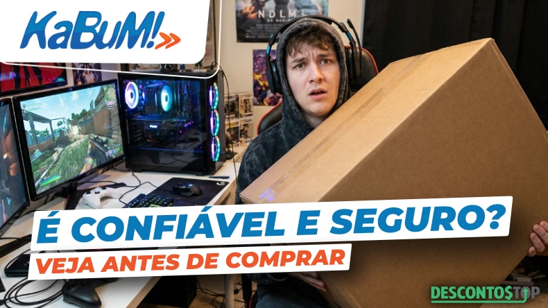 Banner promocional com o logotipo do KaBuM! no canto superior esquerdo e a frase “É confiável e seguro?” em destaque. Ao centro, um homem com expressão de dúvida segura uma caixa de encomenda, com um computador gamer iluminado ao fundo.