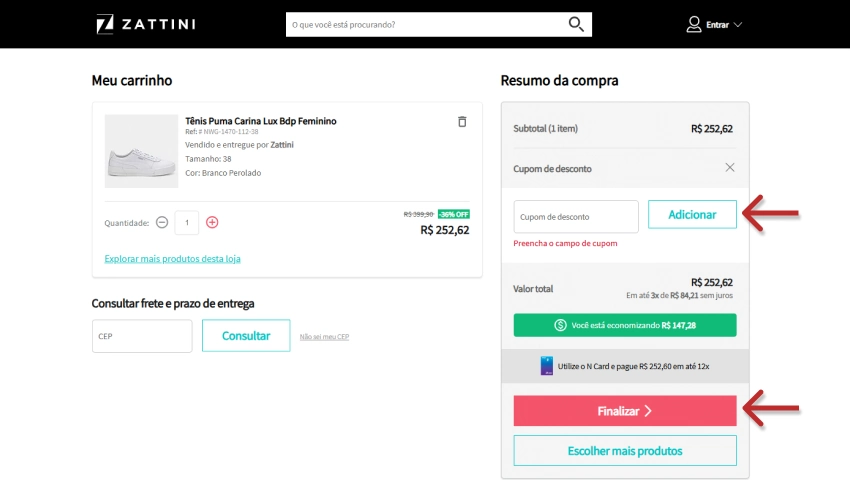 Tela do carrinho da Zattini mostrando tênis Puma Carina Lux Bdp Feminino por R$252,62, campo para inserir cupom de desconto e botão vermelho “Finalizar”.