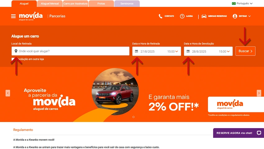 Tela do site da Movida para aluguel de carros, exibindo opções de reserva, datas de retirada e devolução, com destaque para promoção de desconto e parceria.