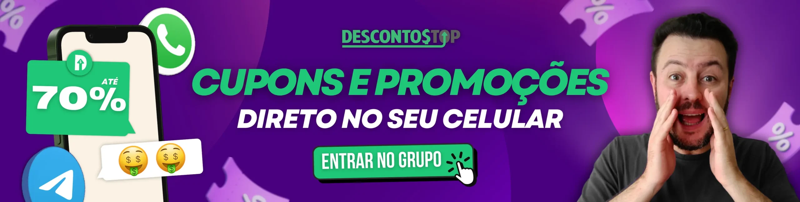 Entre nos grupos de desconto no WhatsApp e Telegram