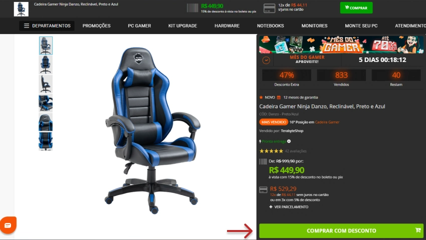 Página do produto com imagem de uma cadeira gamer Ninja Danzo, nas cores preta e azul, com destaque para o botão verde "Comprar com desconto".