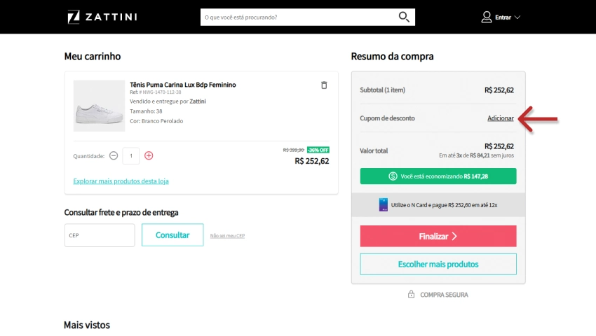 Resumo de compra na Zattini com opção para adicionar cupom de desconto antes de finalizar o pedido. Produto listado: tênis Puma Carina Lux Bdp por R$252,62.