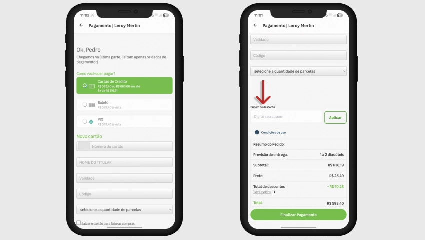 Campo para aplicar o cupom de desconto no app.