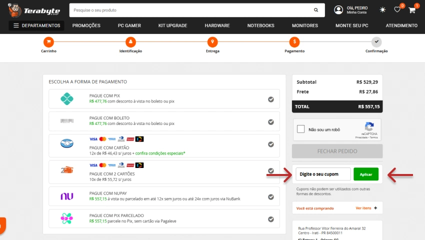 Tela de pagamento no site da Terabyte Shop, com opções de forma de pagamento e campo para inserir cupom de desconto ao lado do botão "Aplicar".