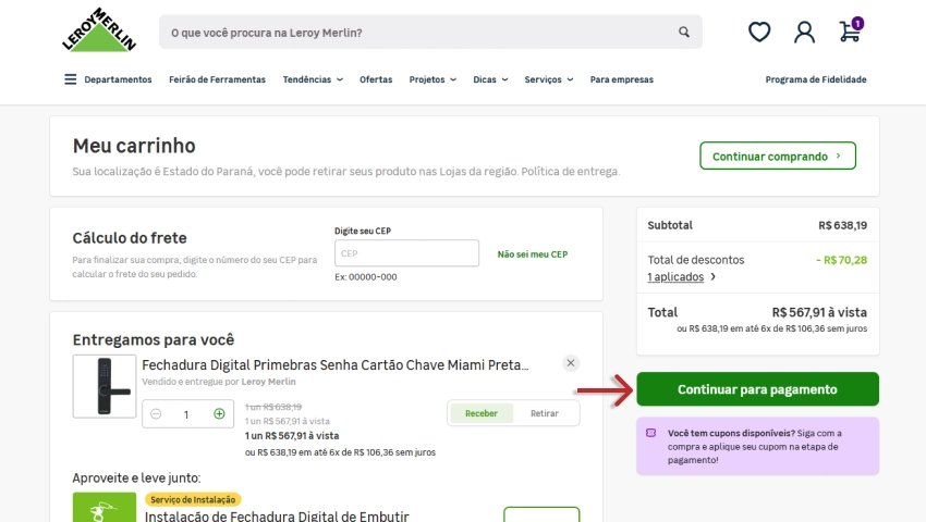 Tela do carrinho da Leroy Merlin com uma fechadura digital no valor de R$638,19 e há um botão verde “Continuar para pagamento” no canto direito.