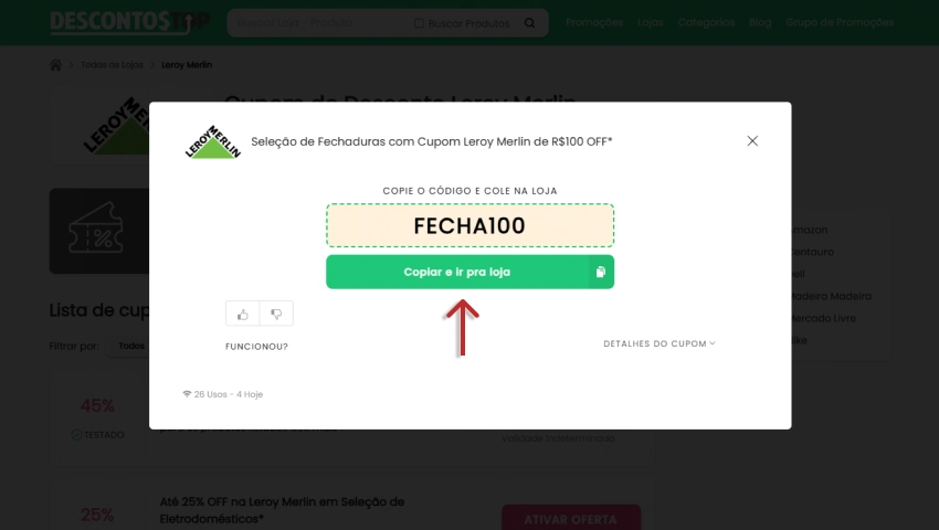 Detalhe do cupom para fechaduras na Leroy Merlin. O código aparece em destaque para copiar e colar na loja.