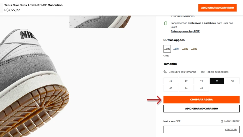 Página do produto na Artwalk exibindo o tênis Nike Dunk Low Retro SE Masculino, preço de R$ 899,99, seleção de tamanhos disponíveis e botão laranja “Comprar Agora” com seta apontando para ele.