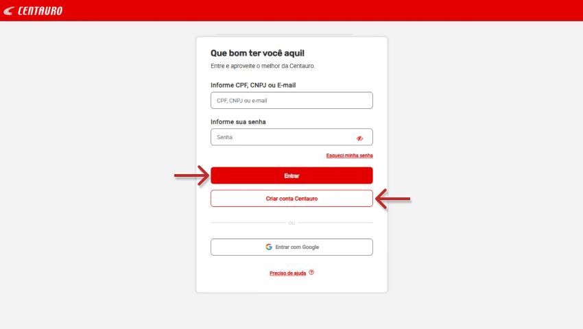 Tela de login da Centauro com campos para inserir CPF, CNPJ ou e-mail e senha. Há botões para entrar, criar conta ou acessar com Google. Uma seta destaca o botão "Criar conta Centauro".