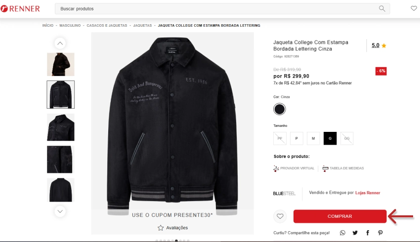 Página do produto Jaqueta College Cinza na Renner com botão 'Comprar' em destaque.