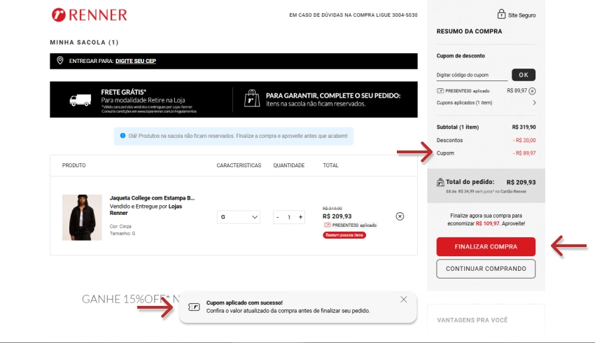 Carrinho da Renner mostrando cupom aplicado com sucesso, valor atualizado e botão 'Finalizar Compra' destacado.