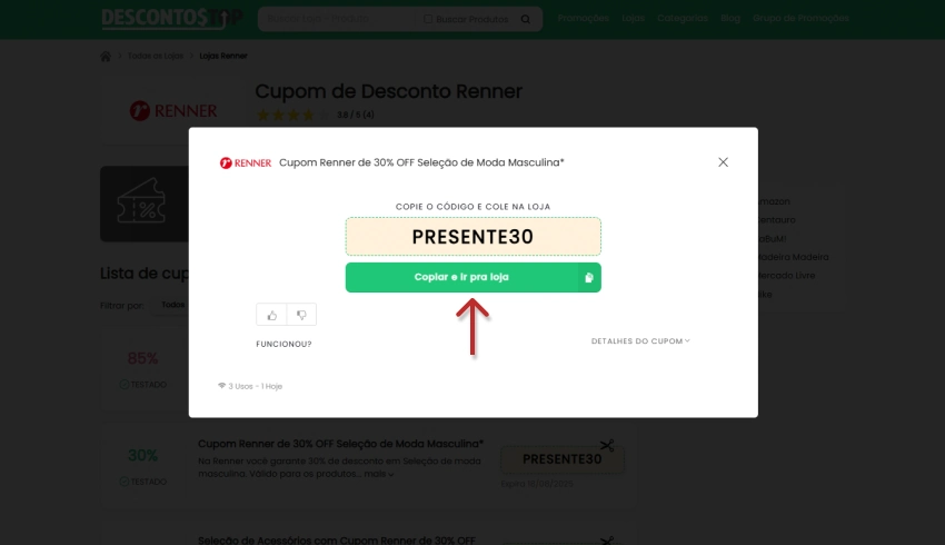 Popup de site de cupons exibindo código do cupom com botão verde para copiar e ir para a loja.
