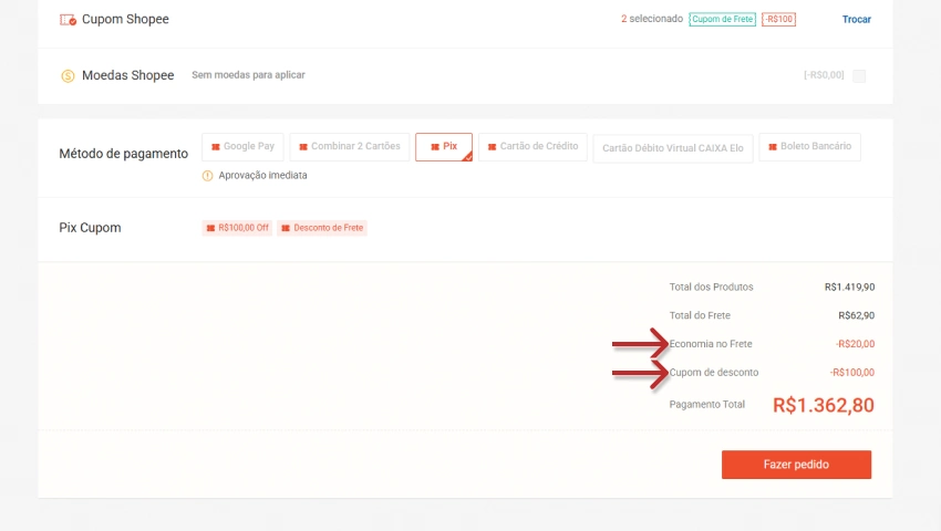 Resumo de pagamento Shopee com método Pix selecionado, mostrando economia no frete e cupom de desconto aplicados, totalizando R$1.362,80, com setas vermelhas apontando os descontos.