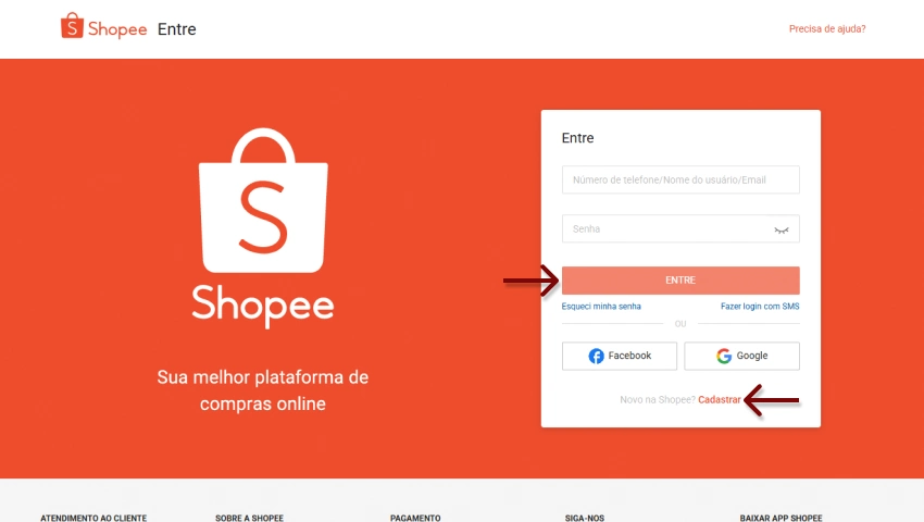 Página de login da Shopee com campos para e-mail, senha e botões “Entrar” e “Cadastrar” destacados por setas vermelhas.