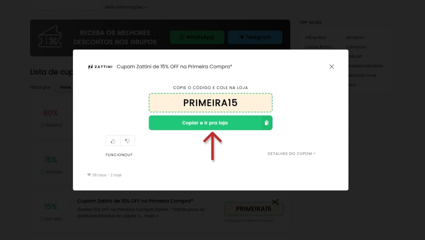 Tela exibindo o cupom de desconto para 15% OFF na primeira compra na Zattini, com botão verde “Copiar e ir pra loja”.