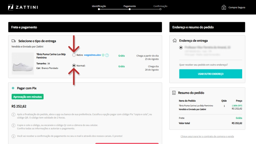 Etapa de frete e pagamento na Zattini com opções de retirada em loja ou entrega normal gratuita. Pedido de tênis Puma Carina Lux Bdp Feminino no valor de R$252,62.