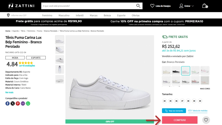 Página de produto na Zattini exibindo o tênis Puma Carina Lux Bdp Feminino branco perolado, preço promocional de R$252,62, tamanhos disponíveis e botão rosa “Comprar”.